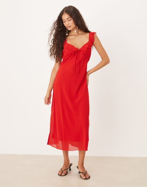 Vestido midi rojo con volantes en las mangas y lazada delantera de Mango - view 1