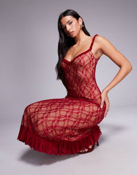 Vestido midi rojo de estilo años 90 con ribete de volante y detalle de lazo de encaje Deja de Tiger Mist - view 1