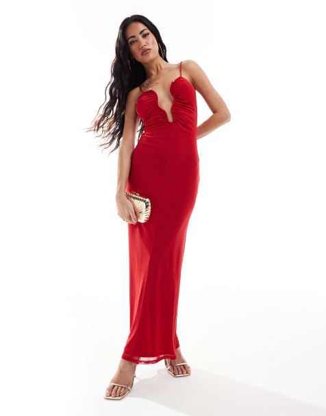 Vestido midi rojo de tirantes con cuello curvado de malla de ASOS DESIGN - view 1