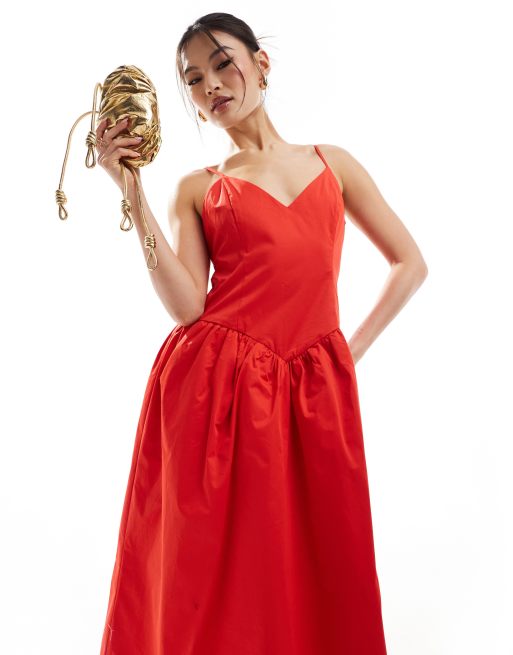 Vestido midi rojo de tirantes con diseño voluminoso de NA-KD, 2 de 4
