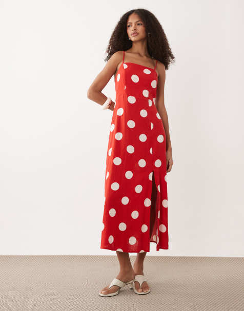 Vestido midi rojo de tirantes con estampado de lunares y espalda fruncida de tejido rico en lino Maddy de Nobody's Child - view 1