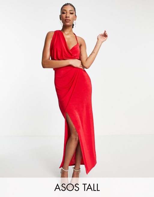 Vestido midi rojo de tirantes finos con diseño cruzado drapeado y detalle recogido de ASOS DESIGN Tall