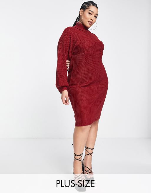 Vestido midi rojo intenso extragrande estilo jersey con cuello vuelto Veronica de Threadbare Plus