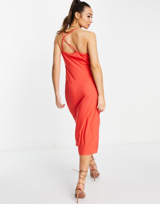 Vestido midi rojo luminoso de tirantes con diseño asimétrico de Vero Moda, 2 de 4
