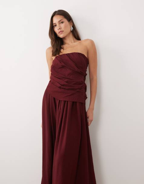 Vestido midi rojo oscuro con escote palabra de honor y parte delantera drapeada de ASOS DESIGN - view 1