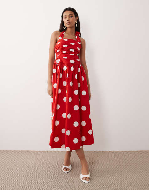 Vestido midi rojo para eventos especiales con estampado de lunares y cuello halter Lilah de Nobody's Child - view 1