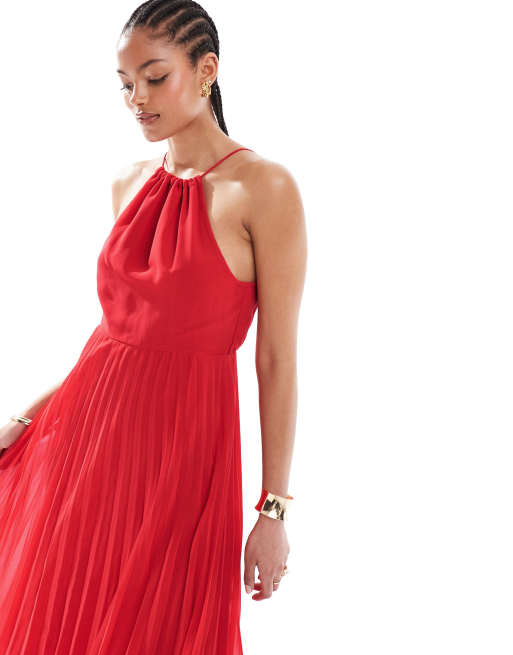 Vestido midi rojo plisado con cuello halter de chifón de ASOS DESIGN Tall, 4 de 4