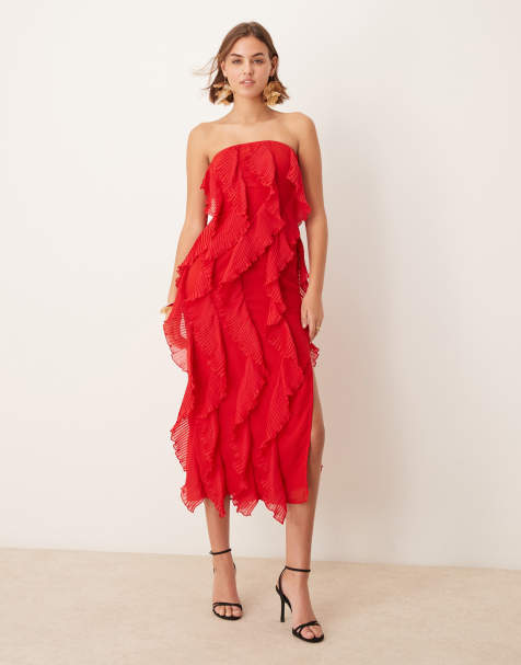 Vestido midi rojo sin tirantes con volantes de Pretty Lavish - view 1