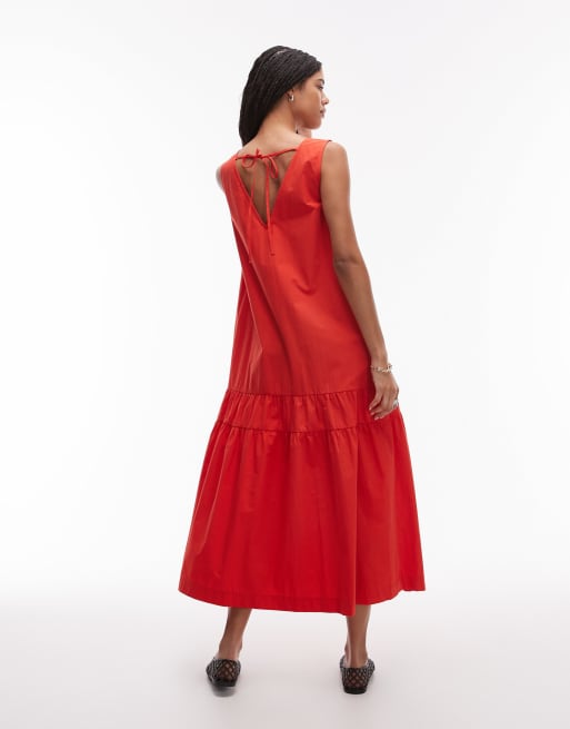 Vestido midi rojo tomate cómodo con cintura baja de popelina de Topshop, 3 de 4