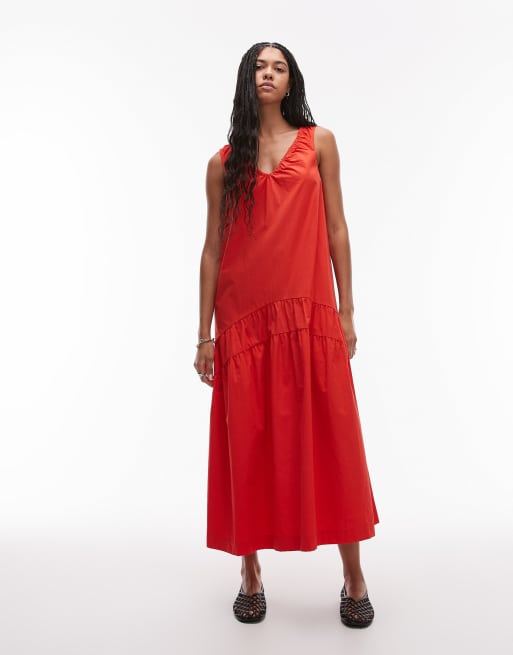 Vestido midi rojo tomate cómodo con cintura baja de popelina de Topshop, 4 de 4
