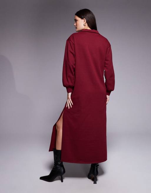 Vestido midi rojo vino con cuello de pico, solapas y mangas globo de ASOS DESIGN, 2 de 4