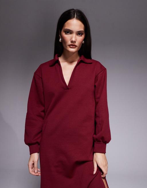 Vestido midi rojo vino con cuello de pico, solapas y mangas globo de ASOS DESIGN, 4 de 4