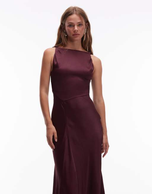 Vestido midi rojo vino con cuello drapeado de crepé de satén de & Other Stories, 2 de 4