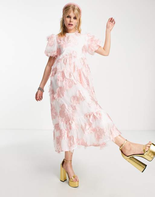 Vestido midi rosa amplio con mangas abullonadas de jacquard de sister jane, 4 de 4