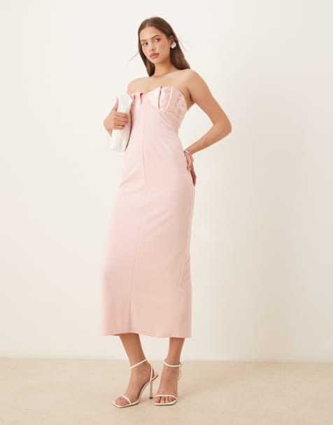 Vestido midi rosa claro de tejido efecto neopreno con escote palabra de honor y copas plisadas de satén de ASOS DESIGN - view 1