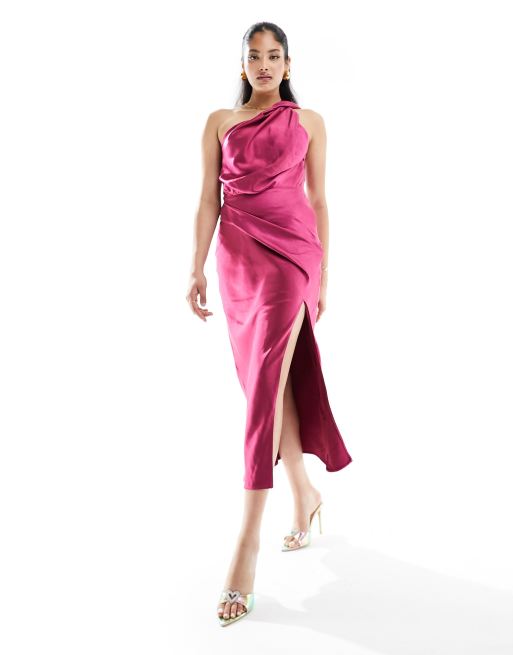 Vestido midi rosa con abertura hasta el muslo y detalle retorcido en el hombro de satén de ASOS DESIGN