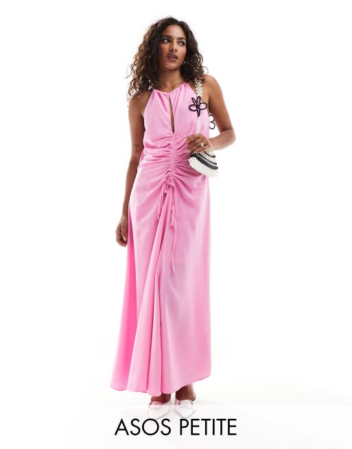 Vestido midi rosa con cuello alto y parte delantera fruncida de ASOS DESIGN Petite