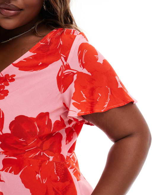 Vestido midi rosa con cuello de pico y estampado floral de New Look Curve, 4 de 4