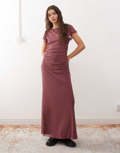 Vestido midi rosa con cuello recto y estampado de lunares de Reclaimed Vintage - view 1