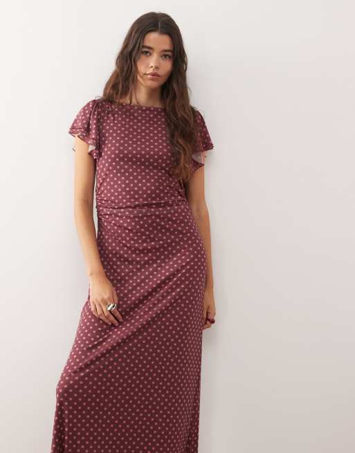Vestido midi rosa con cuello recto y estampado de lunares de Reclaimed Vintage , 2 de 4