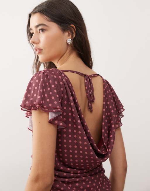 Vestido midi rosa con cuello recto y estampado de lunares de Reclaimed Vintage , 4 de 4