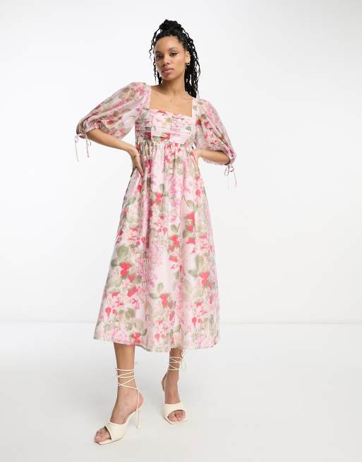 Vestido midi rosa con diseño fruncido y voluminoso de & Other Stories