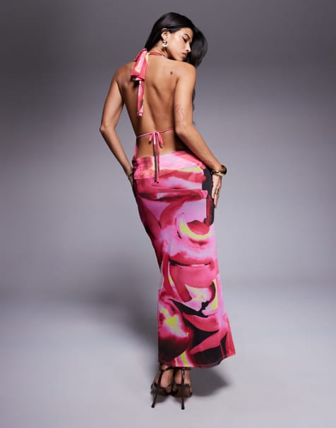 Vestido midi rosa con estampado de remolinos, cuello subido y espalda desbocada de ASOS DESIGN - view 1