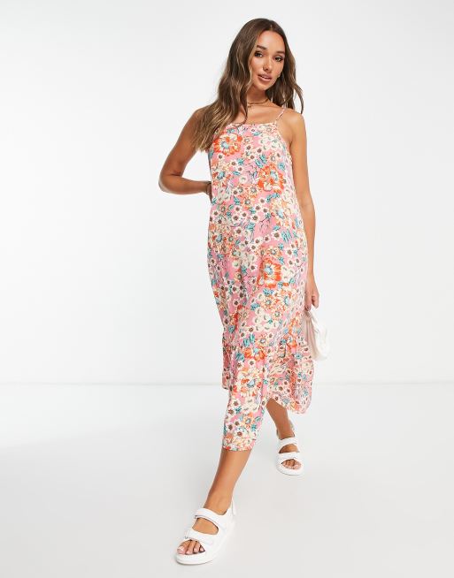Vestido midi rosa con estampado floral de Vila