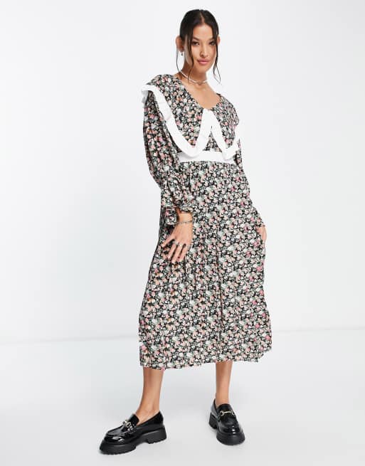 Vestido midi rosa con estampado floral y cuello babero extragrande de sister jane