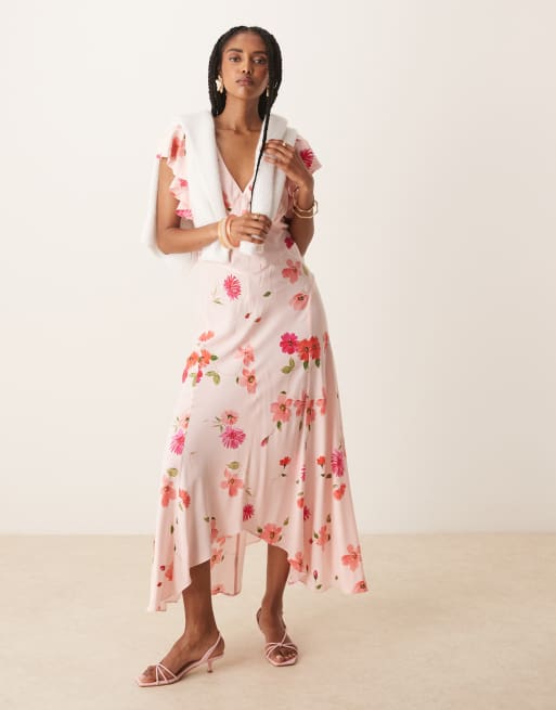 Vestido midi rosa con estampado floral y mangas de volantes Loubelle de Nobody's Child
