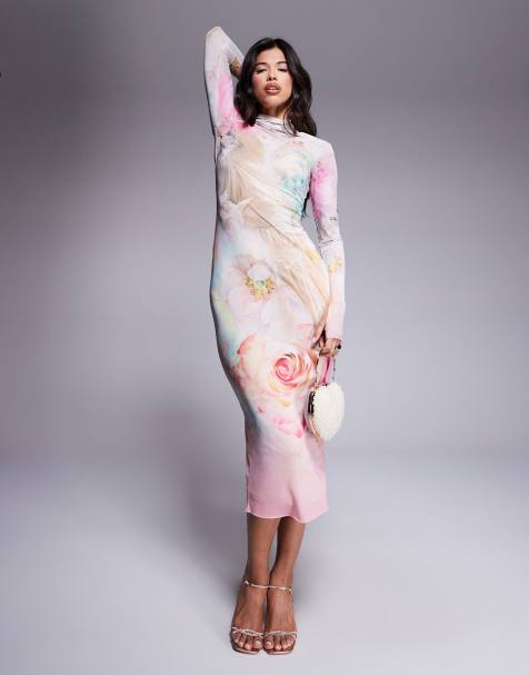 Vestido midi rosa de manga larga con estampado floral y cuello alzado de AFRM - view 1