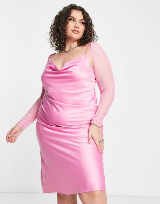 Vestido midi rosa de satén con cuello desbocado y bolero a juego de COLLUSION Plus , 4 de 4