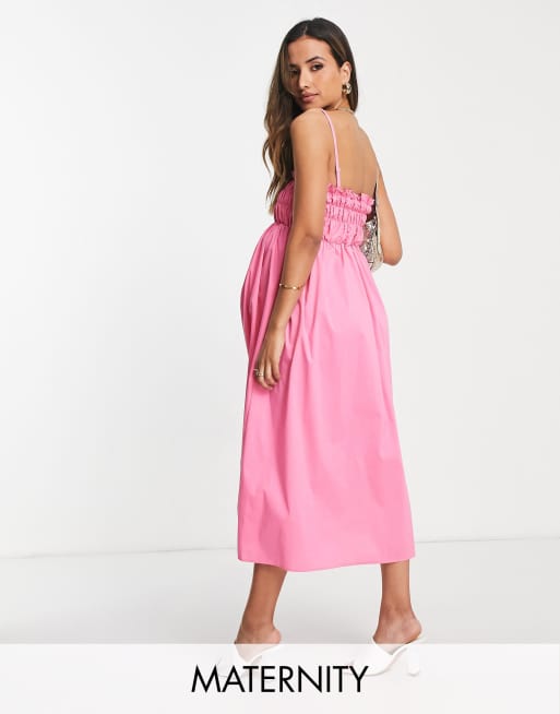 Vestido midi rosa de tirantes y corte trapecio con pecho fruncido de Glamorous Bloom, 2 de 4