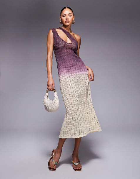 Vestido midi rosa degradado de croché con abertura en el hombro y adornos de strass de ASOS DESIGN - view 1
