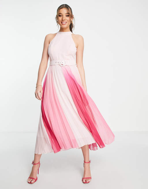 Vestido midi rosa degradado plisado con cuello alto y cinturón de Style  Cheat