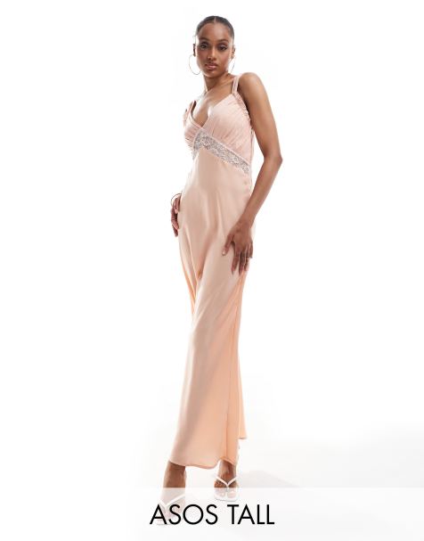 Vestido midi rosa empolvado con pecho fruncido e inserto de encaje de ASOS DESIGN Tall - view 1