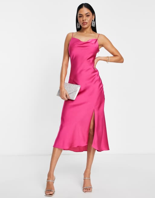 Vestido midi rosa fucsia con cuello desbocado de sat n de Trendyol