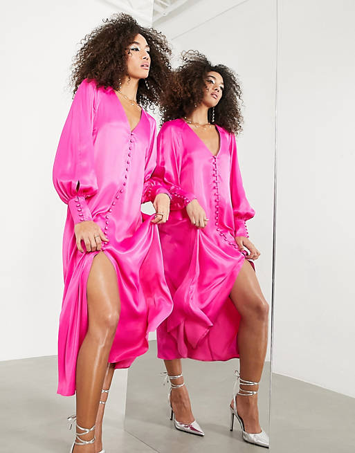Adjuntar a Dormitorio Ostentoso Vestido midi rosa intenso con botones en la parte delantera de ASOS Edition  | ASOS