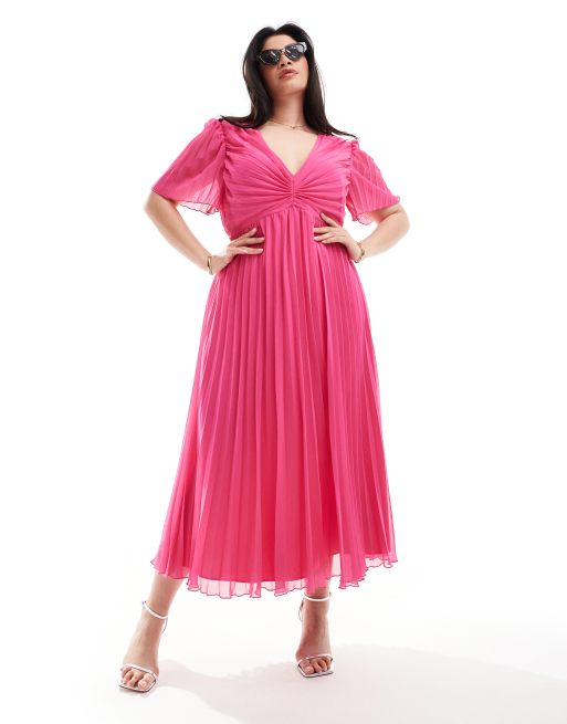 Vestido midi rosa intenso plisado con mangas fluidas de ASOS DESIGN Curve, 4 de 4