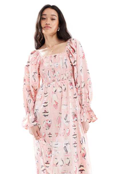 Vestido midi rosa lavado amplio con estampado de peces vintage de Object - view 1