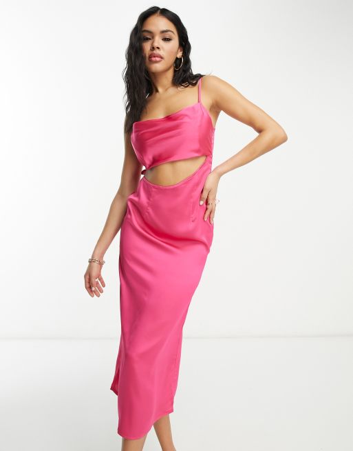 Vestido midi rosa luminoso con abertura de satén exclusivo de Public Desire x Paris Artiste