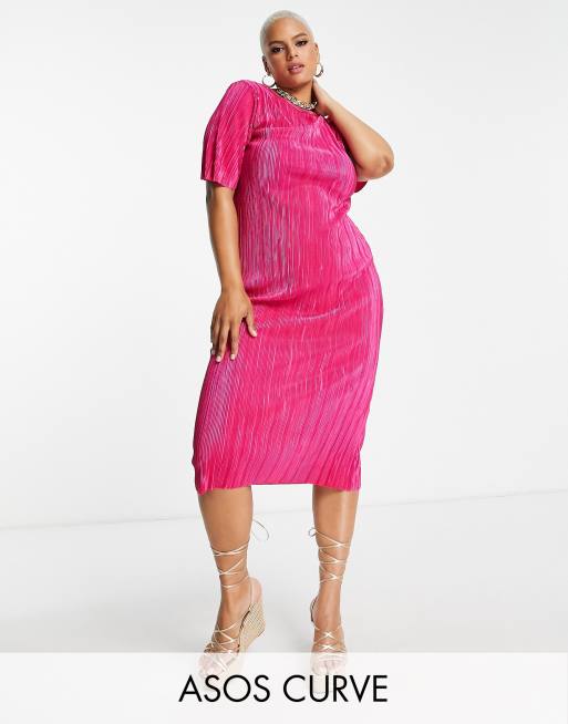 Vestido midi rosa luminoso plisado estilo camiseta de manga corta exclusivo de ASOS DESIGN Curve