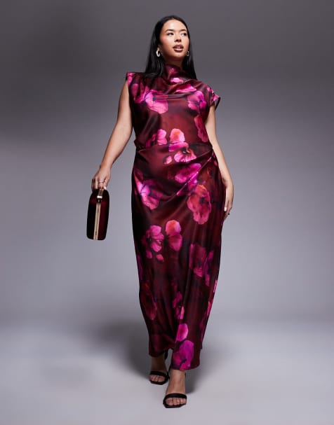 Vestido midi rosa oscuro con estampado floral, cuerpo plegado y cuello alto de satén de ASOS DESIGN Curve - view 1