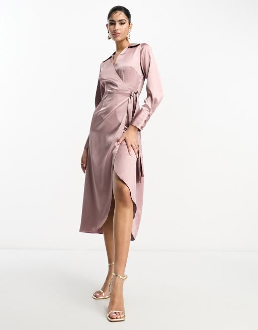 Vestido midi rosa pétalo oscuro cruzado con solapas y cinturón de satén de ASOS DESIGN