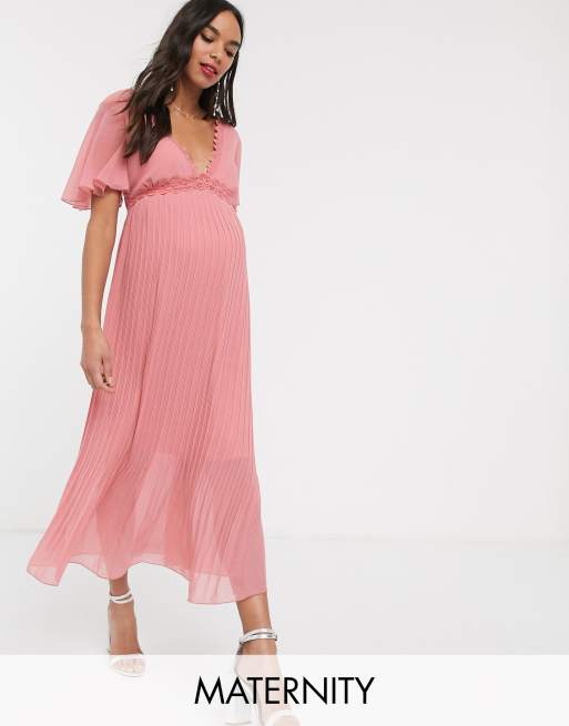 Vestido midi rosa plisado con aplicación de encaje de Little Mistress Maternity