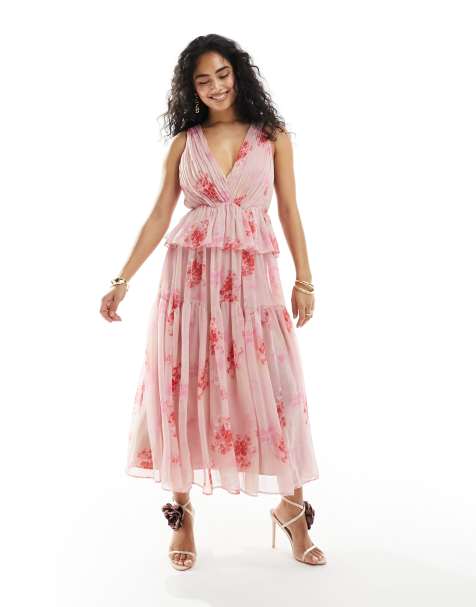 Vestido midi rosa plisado y escotado con diseño escalonado y estampado floral de ASOS DESIGN - view 1