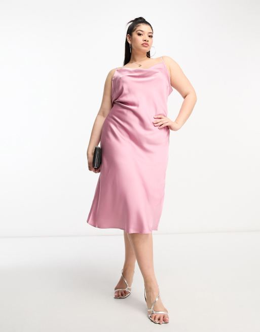 Vestido midi rosa polvoriento de tirantes con lazada en la espalda de satén de Vila Curve