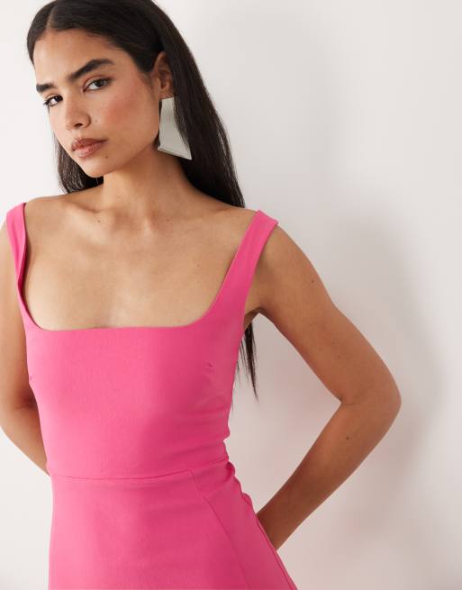 Vestido midi rosa sin mangas de corte sirena con escote cuadrado de bengalina de Vesper, 3 de 4