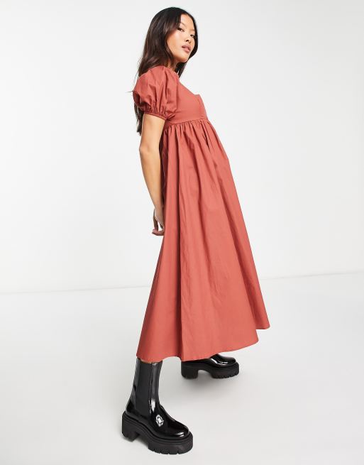 Vestido midi teja amplio con escote cuadrado y mangas abullonadas de Glamorous, 4 de 4