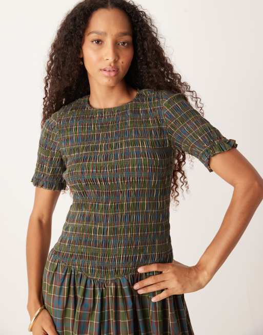 Vestido midi verde a cuadros fruncido de Amy Lynn, 4 de 4